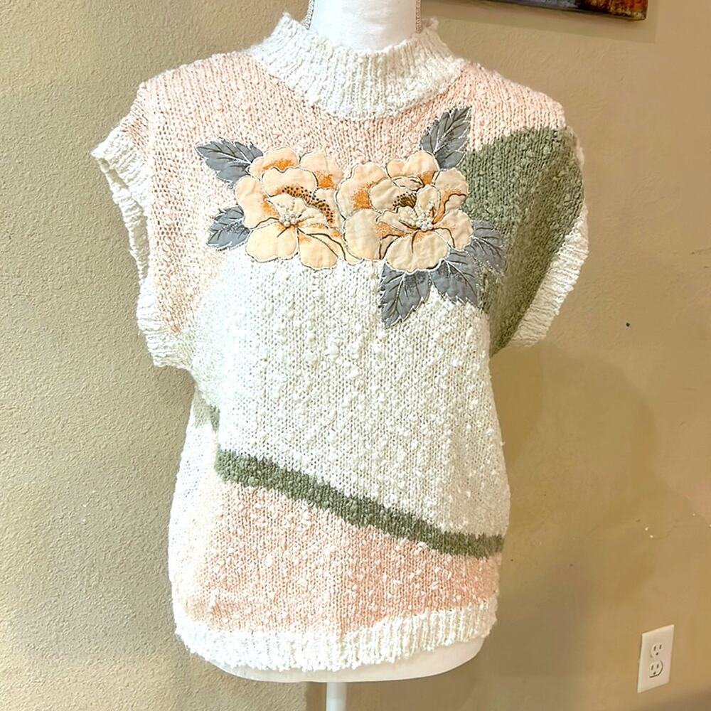 Vintage Shenanigans Sweater Vest Womens M Cream Floral Applique 80s Cottage